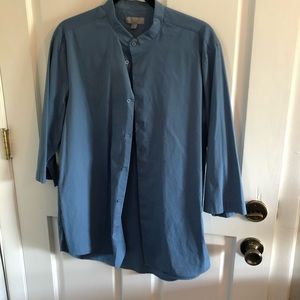 COS, size M, blue collarless shirt.